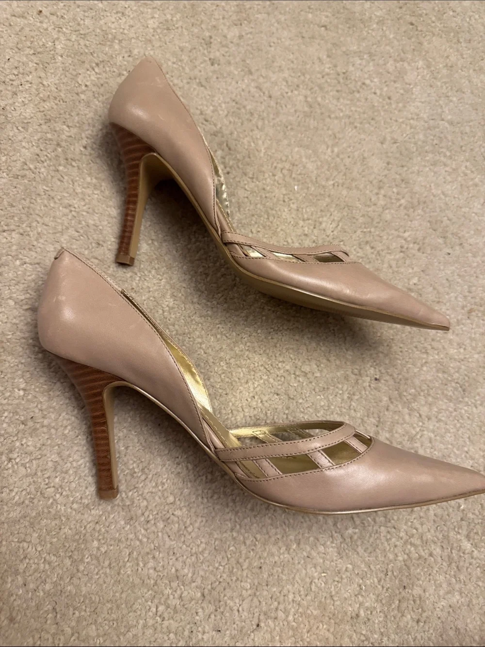 Nine West Dusty Taupe Pointed Toe Pumps with Gold Accents